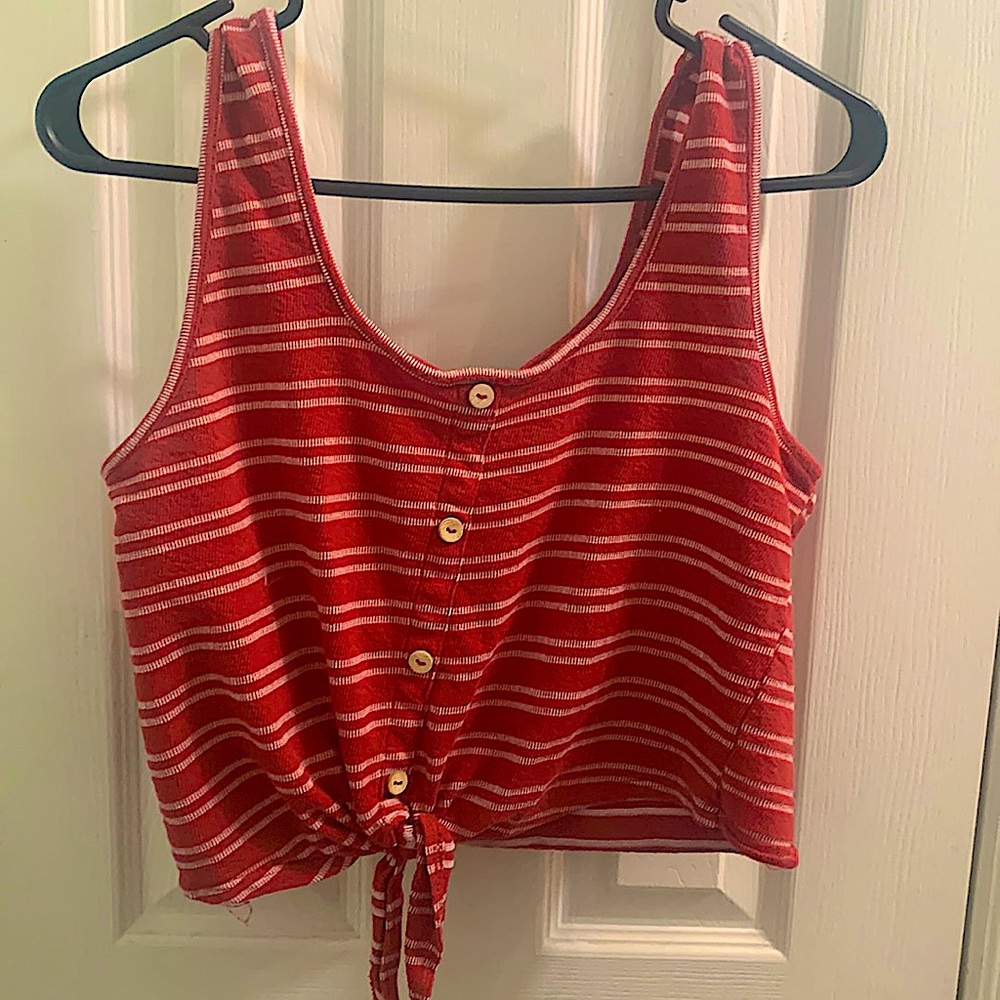 Light red and cream fake button up crop tank